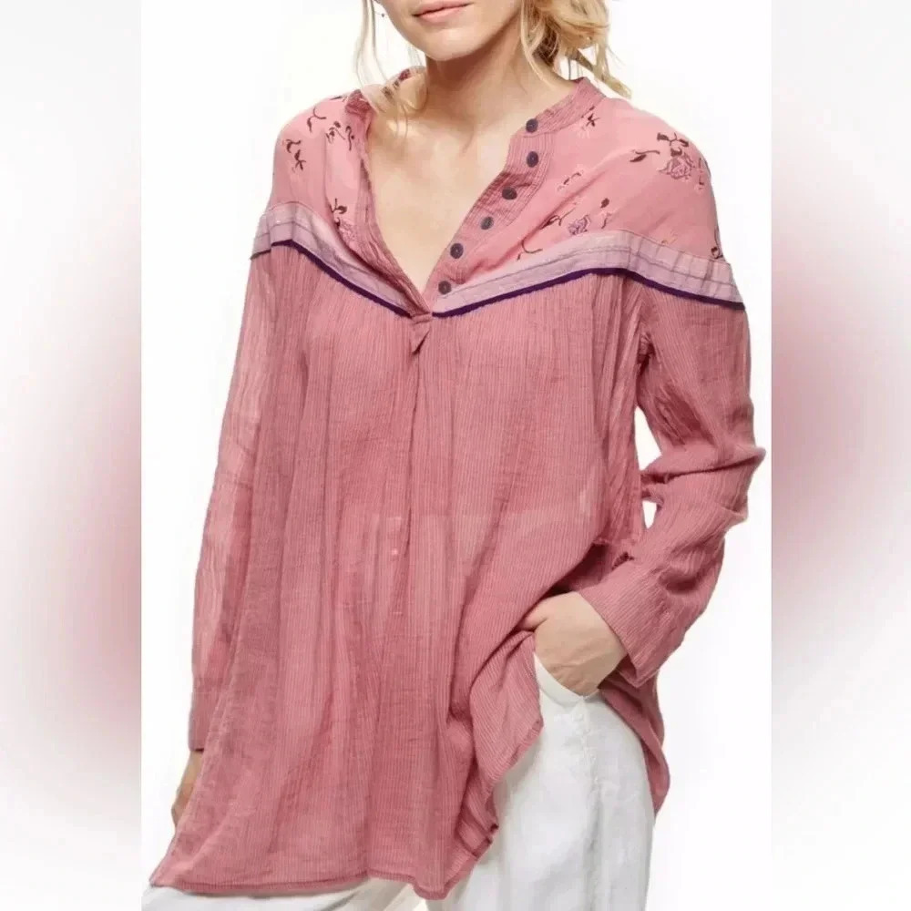 NWT FREE PEOPLE SZM HEARTS & COLORS BUTTON FRONT LONG SLEEVE BOHO CHIC
